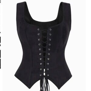 Faux Suede Bustier - Black lace up sleeveless top - Boho Western - Medium